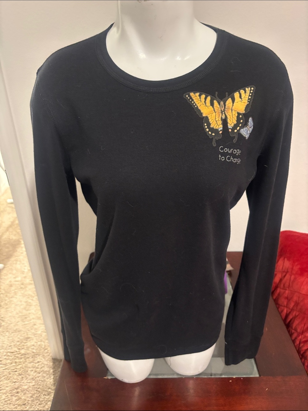 Black Long-Sleeve Tee with Yellow Butterfly Graphic - Courage to Change